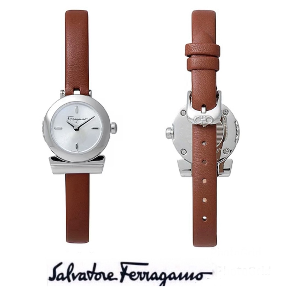 SALVATORE FERRAGAMO Women's Swiss Gancini Brown Leather Strap Wrist Watch NWT